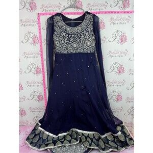 Dress long Navy Blue Embellished Party Dress with Silver Embroidery